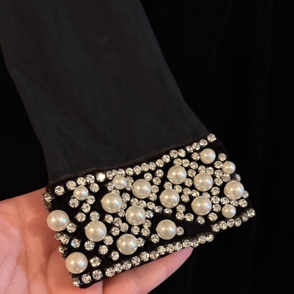 Sherri Hill Velvet Sweatheart Neckline Mesh, Crystal & Pearl detail Midi Dress - Picture 5 of 13